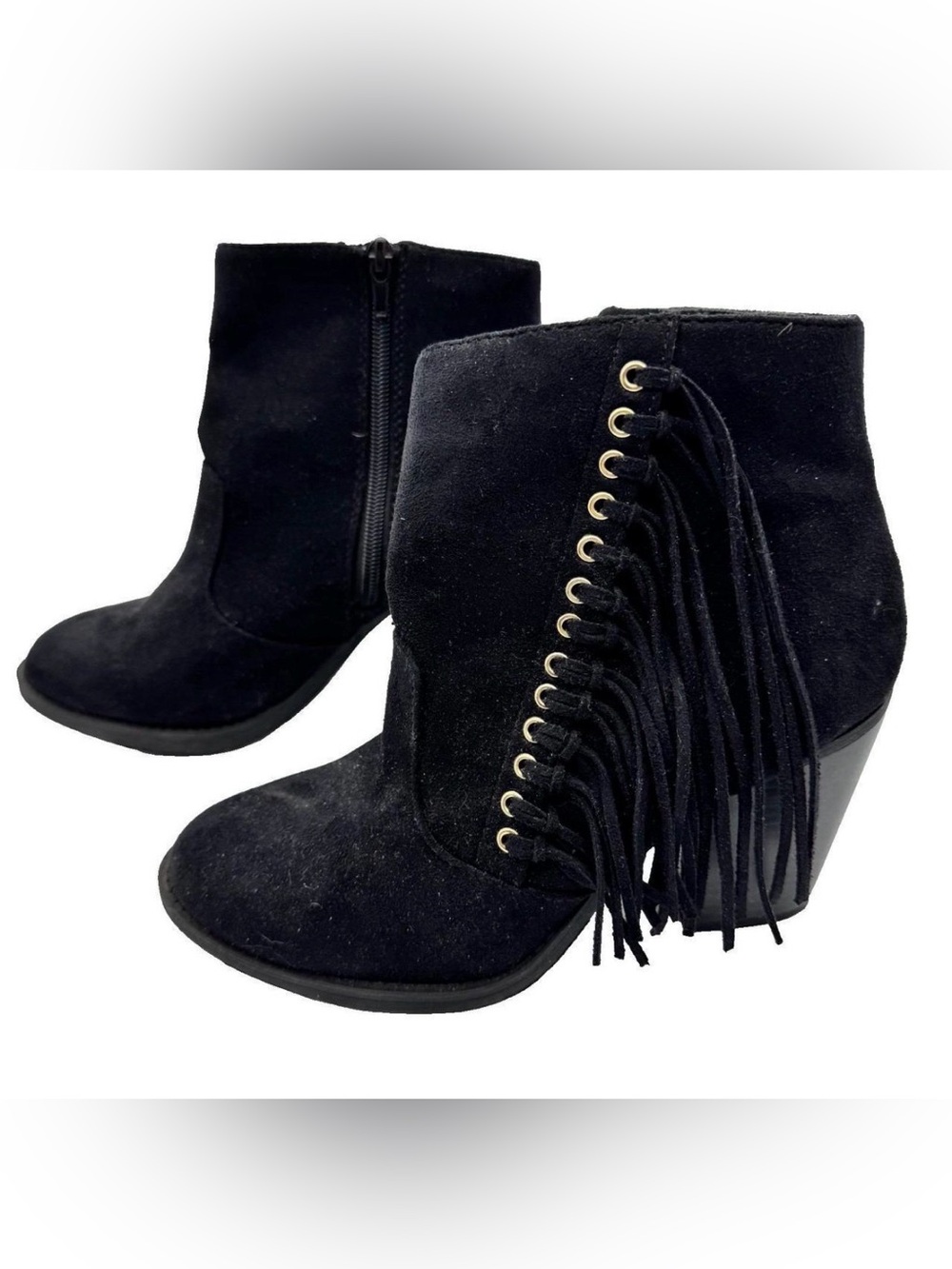 : Eva & Zoe "Florence" Black Suede Ankle Boots with Fringe - Women's Size 9